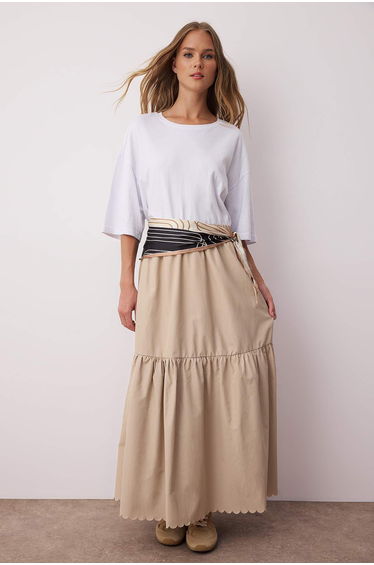 Beige Unlined Plain Woven Hem Detailed Woven Skirt