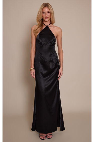 Black Satin Halterneck Tie Neck Maxi Dress