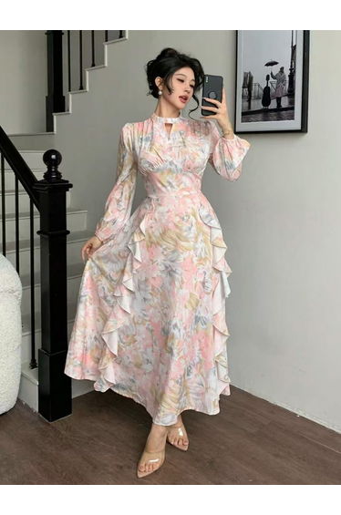 All-Over Printed High Neck Ruffled Maxi Dress