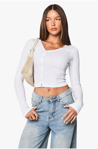 Rib Asymetric Neckline Long Sleeve Top - white