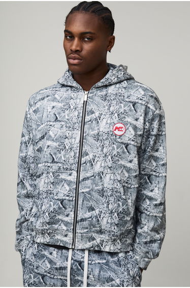 Oversized Boxy Ofcl Man Camo Zip Through Hoodie - grey