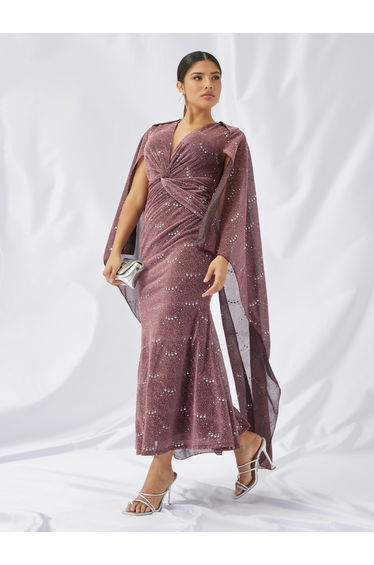 Embellished Twist Front Cape Maxi Dress