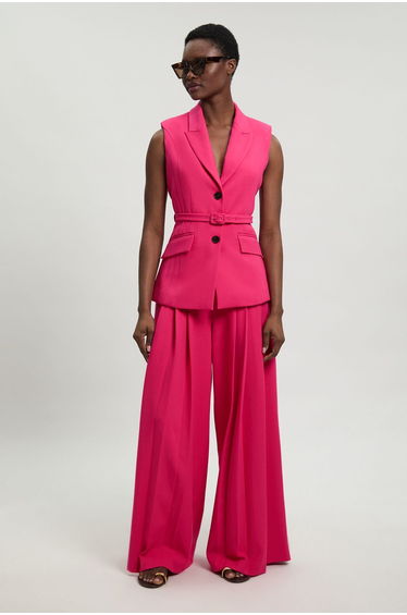 Tailored Structured Crepe Belted Sleeveless Blazer