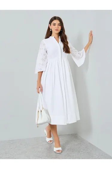 Women White Schiffli A-Line Midi Dress