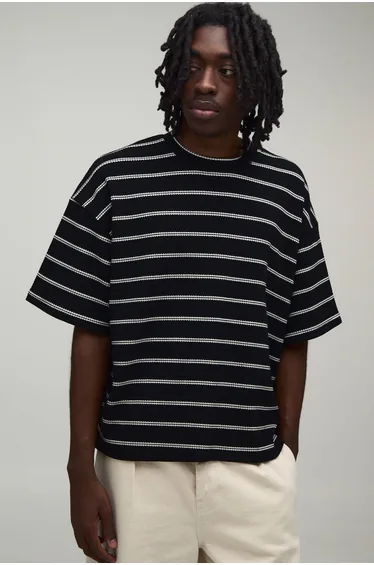 Oversized Boxy Stripe Waffle T-shirt - black