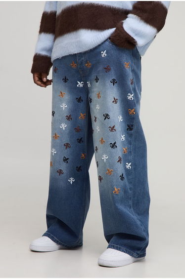 Plus Relaxed Rigid Fleur De Lis Embroidered Jeans - mid wash