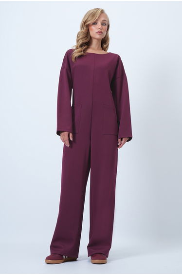 Women's Plum Crew Neck Zippered Back Relaxed Fit Jumpsuit
