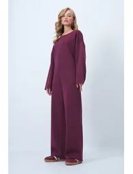 Women's Plum Crew Neck Zippered Back Relaxed Fit Jumpsuit - 2
