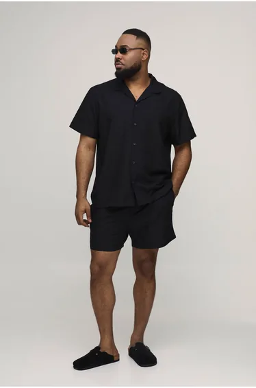 Plus Holiday Linen Blend Regular Shirt & Relaxed Short Set - black