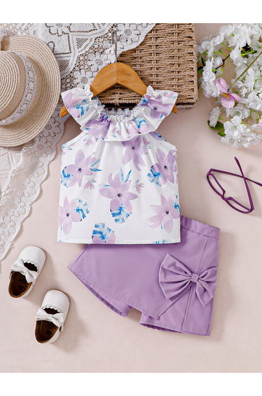 Girls Purple Floral Top and Skorts Set