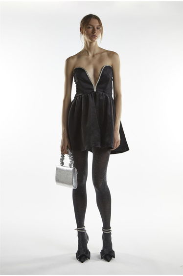 Black Plunge Rhinestone Trim Mini-Dress