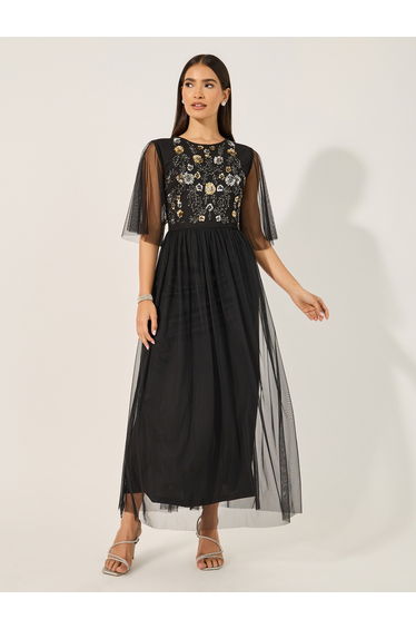 Embellished Short Sleeves A-Line Mesh Maxi Dress