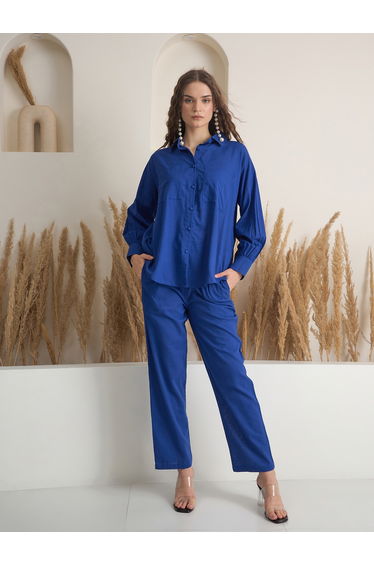 Solid Pure Cotton Buttoned Shirt and Pants Co-Ords