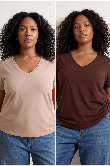 Brown-Stone 2-Pack Basic V-Neck 100% Cotton Knitted Plus Size T-Shirt