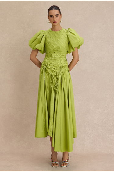 Shirring Round Neck Puff Sleeve Midi Dress