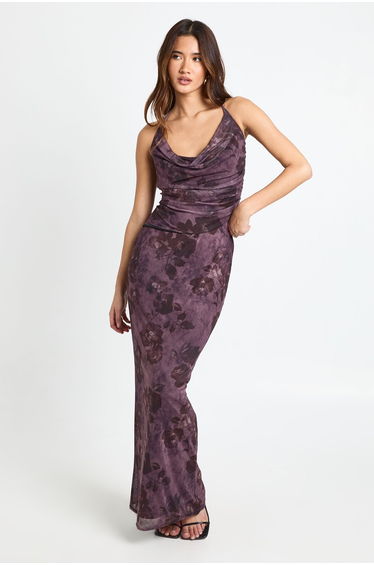 Floral Printed Mesh Maxi Skirt - pink