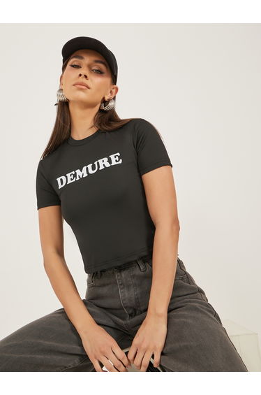 Slogan Print Round Neck Crop T-Shirt