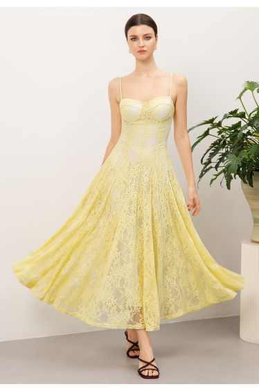 Ladylike Lace Overlay Spaghetti Strap Maxi Dress in Yellow for Romantic Date & Floral Market