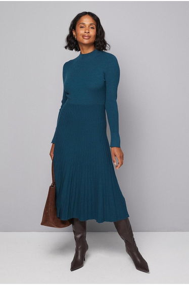 Button Cuff Detail High Neck Pleated Knitted Midaxi Dress
