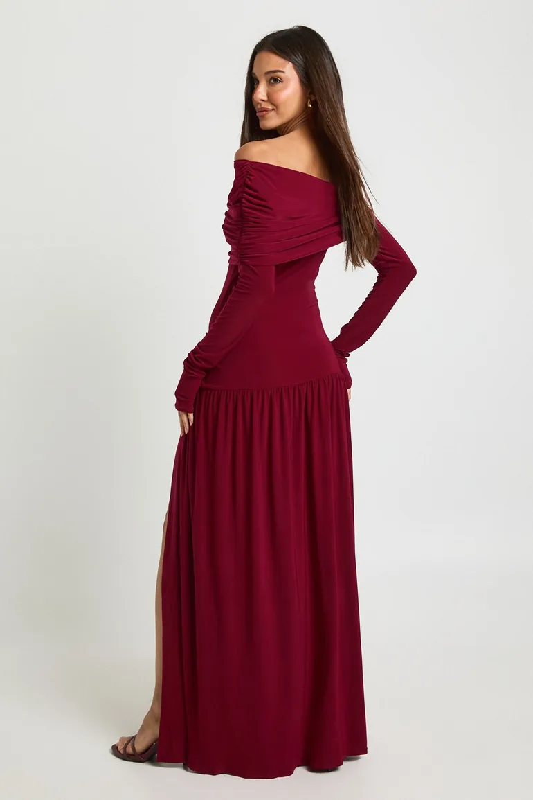 Trim Detail Asymmetric Long Sleeve Maxi Dress - burgundy - 1