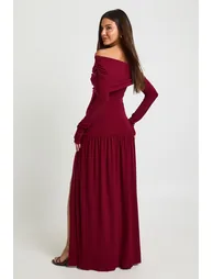 Trim Detail Asymmetric Long Sleeve Maxi Dress - burgundy - 1