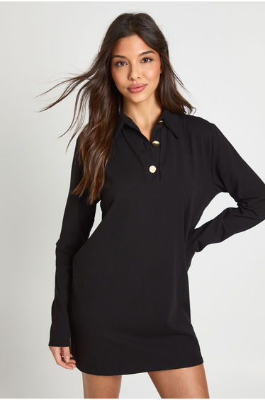 Collared Gold Button Tshirt Dress - black