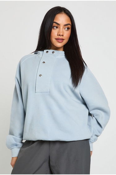 Washed Popper Detail Oversized Hoodie - light blue