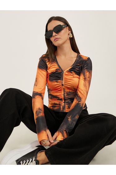 Printed V-Neck Long Sleeve Ruched Top