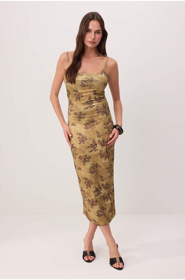 Green Floral Bodycon Square Neck Thin Strap Sleeveless Stretchy Knitted Dress