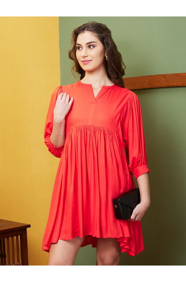 Women Orange Solid Gathered A-Line Mini Dress