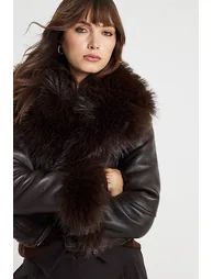 Brown Faux Fur Collar Cropped Biker Jacket - 1