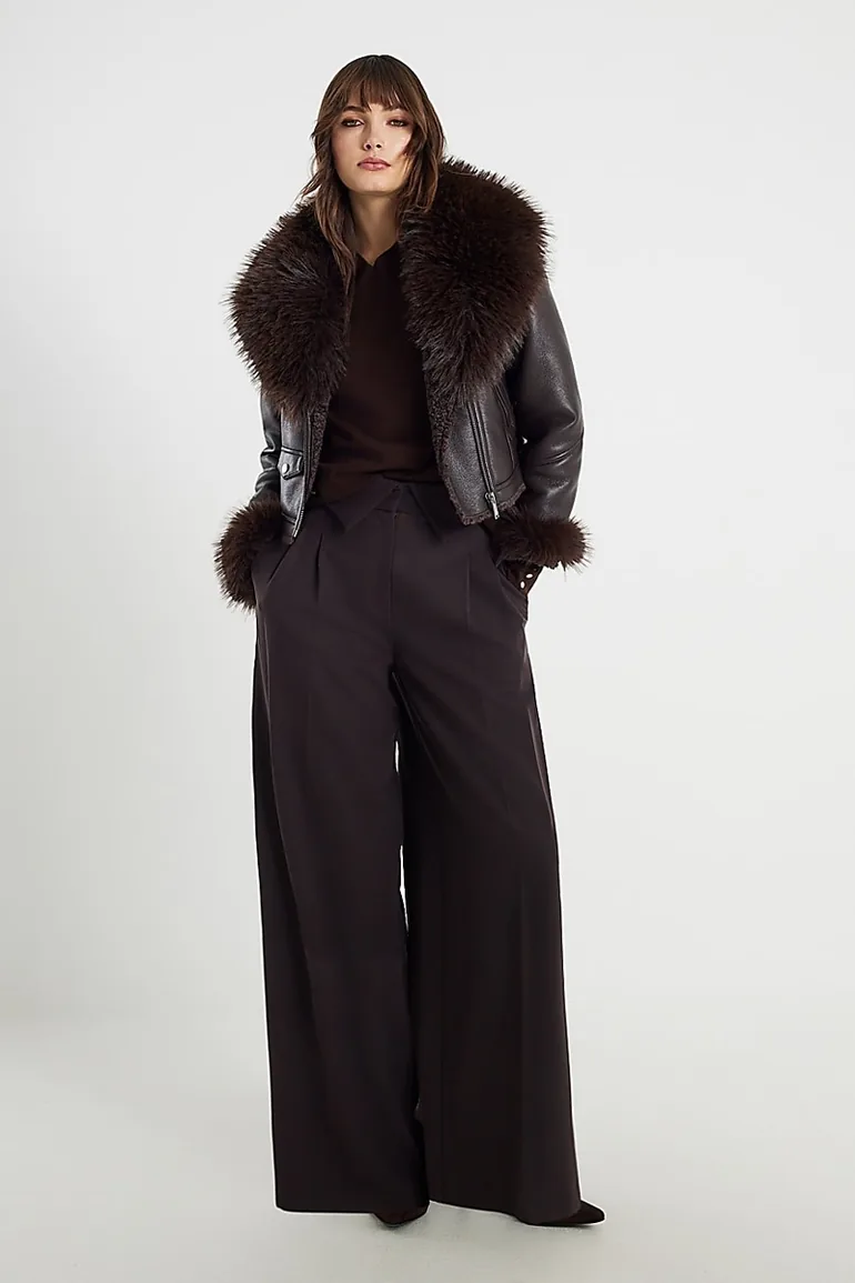 Brown Faux Fur Collar Cropped Biker Jacket