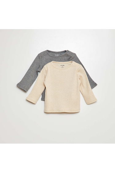 Pack of 2 plain ribbed long-sleeved T-shirts GREY