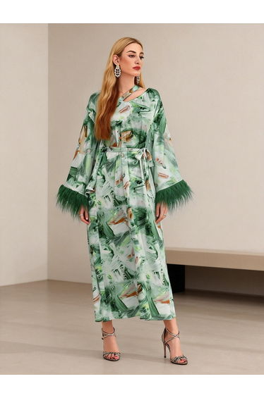 Green Printed Maxi Dress with Faux Feather Trim