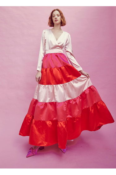 Nancy Gathered Tiered Midi Skirt - Pink/Red
