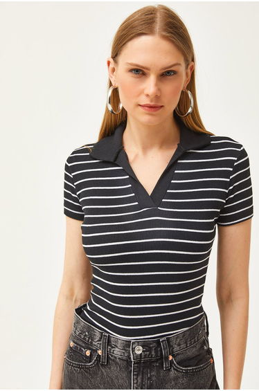 Women's Striped Black Polo Neck Knitted Blouse