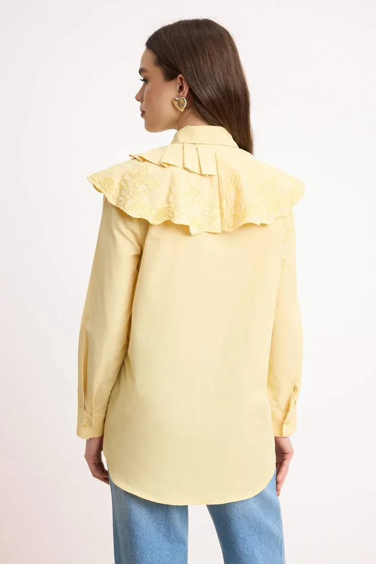 Yellow Regular Terrycotton Plain Woven Collar Embroidery Detailed Hijab Shirt - 3