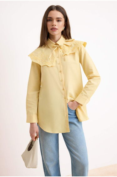 Yellow Regular Terrycotton Plain Woven Collar Embroidery Detailed Hijab Shirt