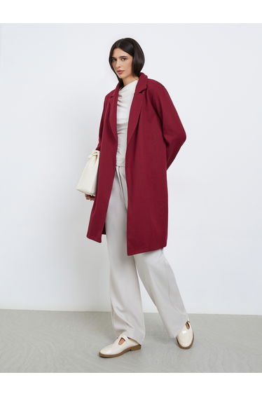 Burgundy Regular Fit Wool Like Belted Coat