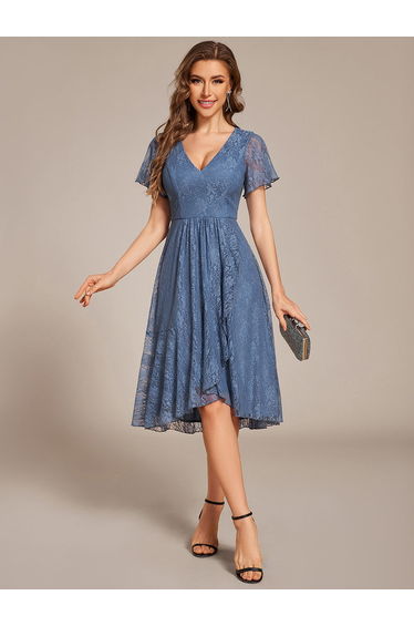 ever PALOMA|Ruffled Short Sleeves V-Neck A-Line Midi Wedding Guest Dress