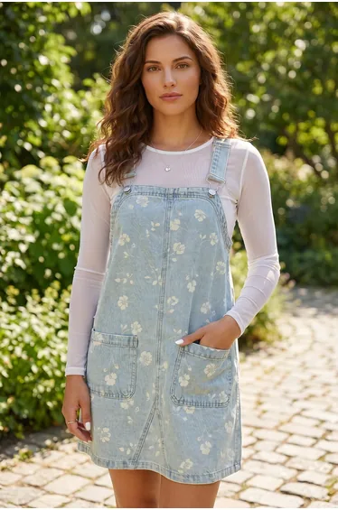 Lvness Sky Blue Retro Wash Denim Floral Print Overall Mini Dress