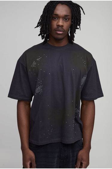 Tall Oversized Boxy Washed Rhinestone T-Shirt - charcoal