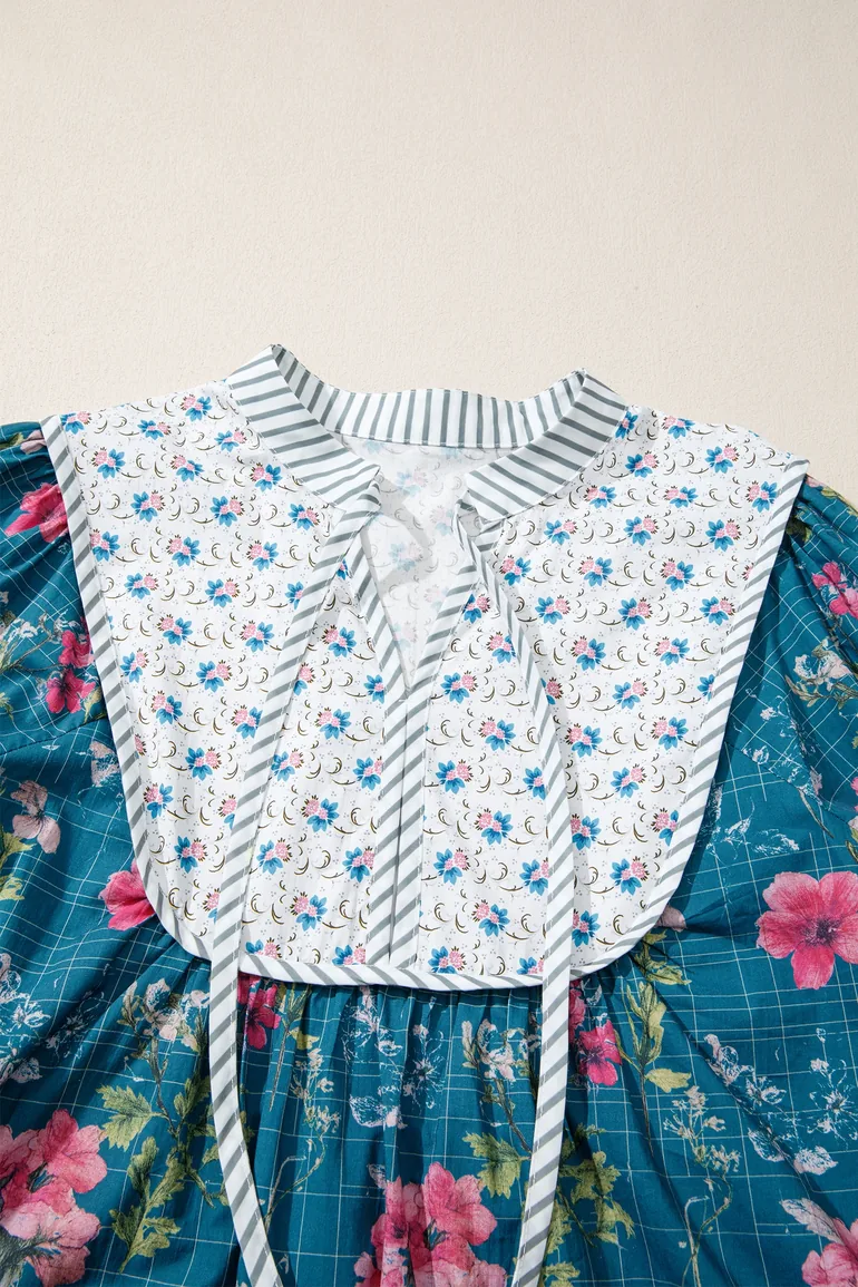 Lvness Sky Blue Floral Print Contrast Yoke Patchwork Striped Trim Long Puff Sleeve Blouse - 4