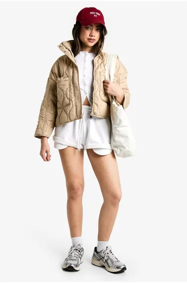 Quilt Detail Padded Jacket - stone
