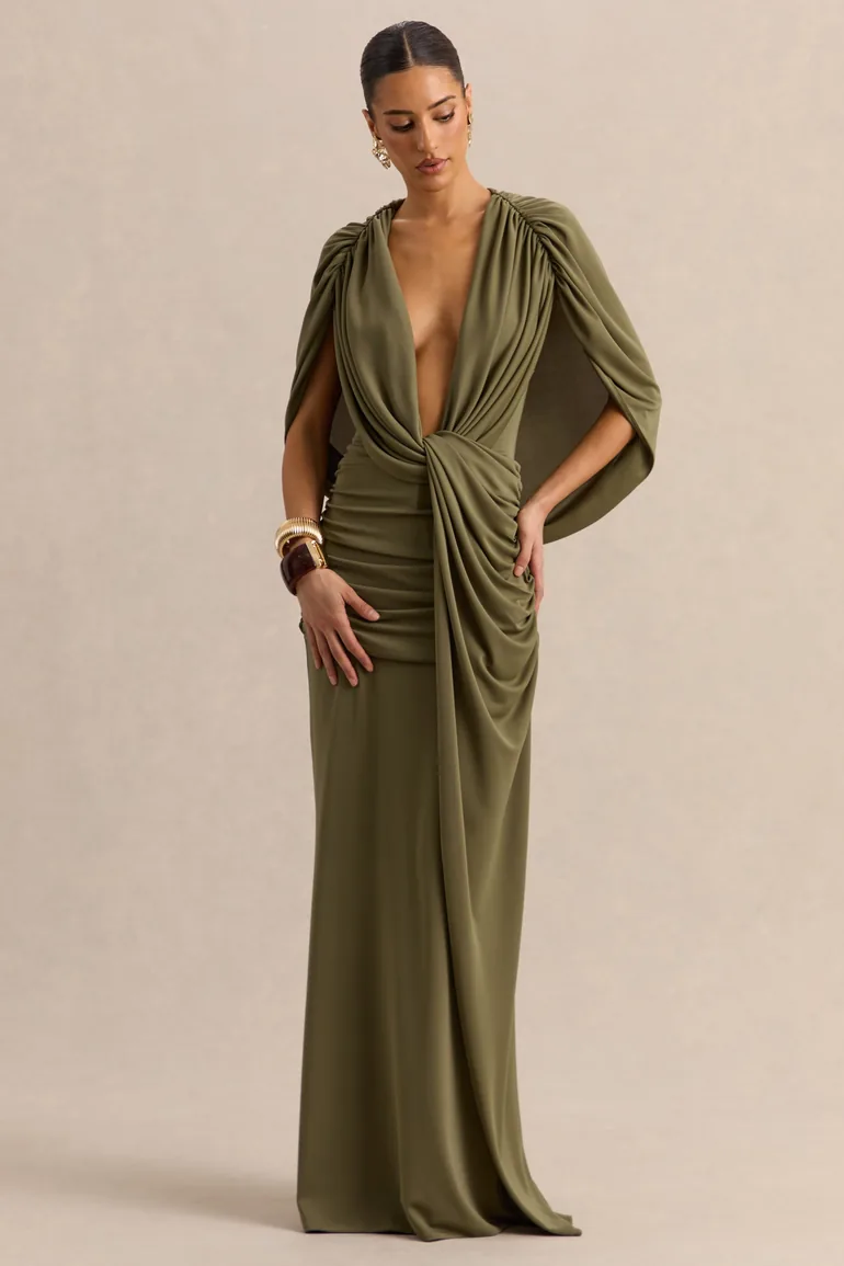 Marisea | Green Plunge-Neck Maxi Dress With Cape-Sleeves - 3
