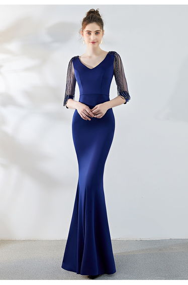 Draped Bead Mesh Sleeve Gown in Navy