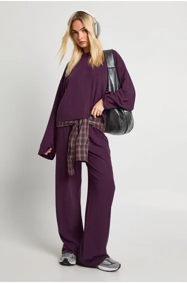 Crinkle Oversized Long Sleeve Top And Wide Leg Trouser Co-Ord Set - plum