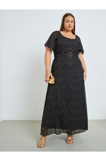 Plus Size Foil Print Maxi Dress with Belt