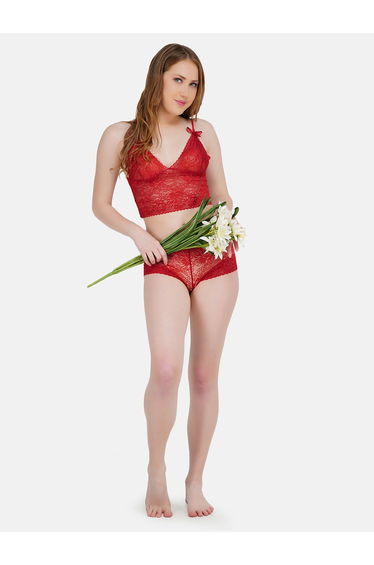 Women Red Lace Lace Bralette and Shorts Set