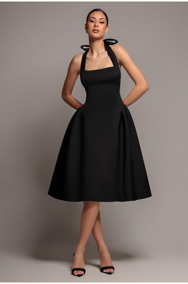 Basque Fit And Flare Halter Neck Midi Dress - Black by Goddiva